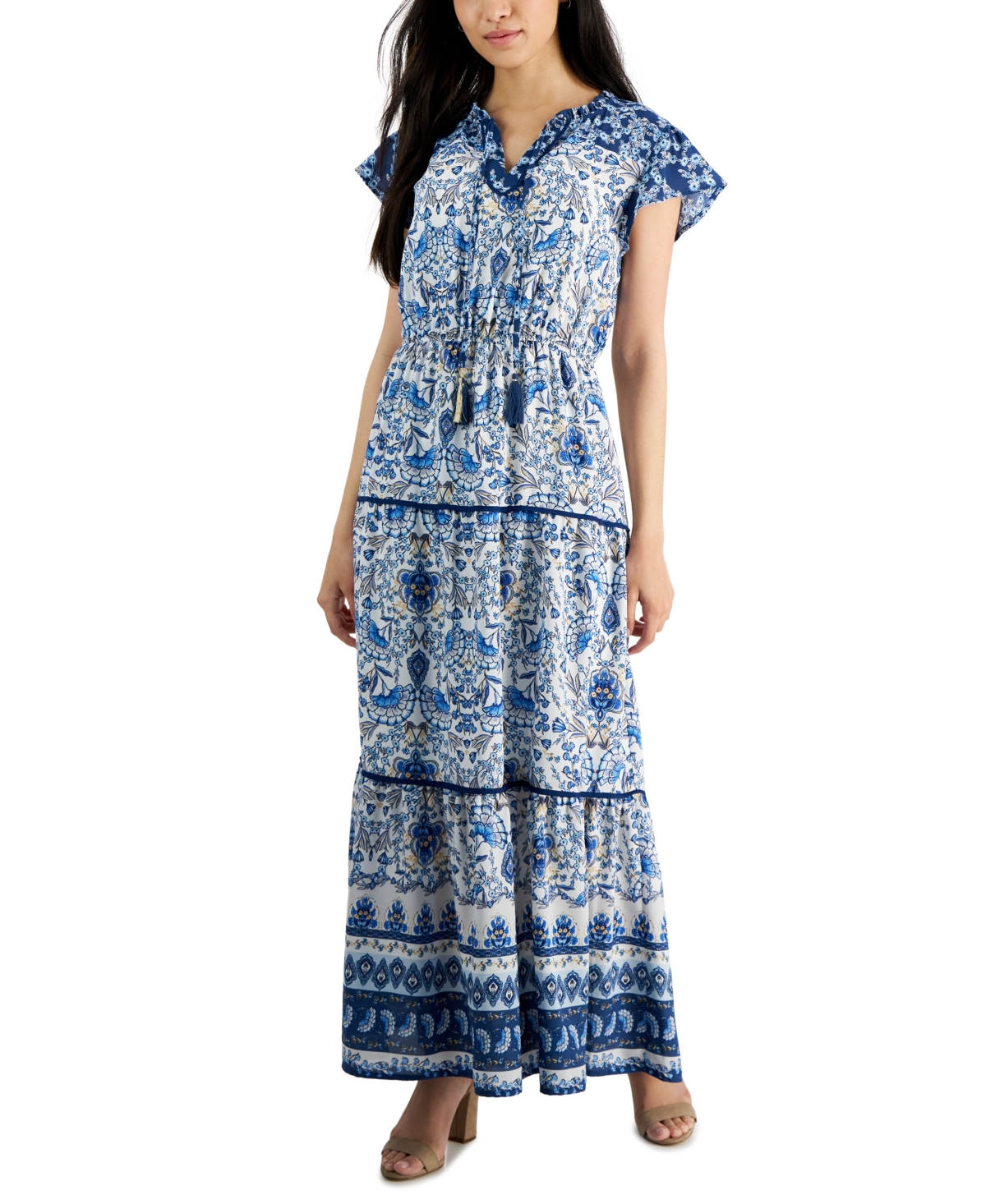 Tinsel Petite Mixed-print Flutter-sleeve Tiered Maxi Dress In Blue All Over Border