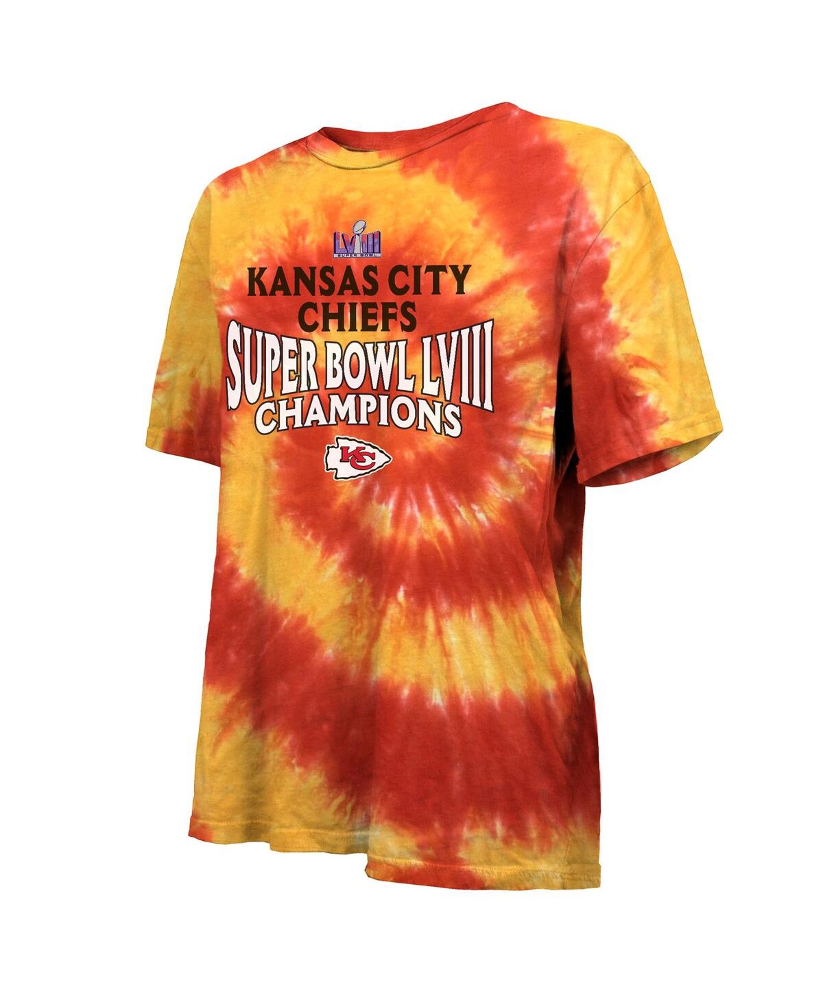 Shop Majestic Women's  Red, Yellow Kansas City Chiefs Super Bowl Lviii Champions Oversized Tie-dye T-shirt In Red,yellow