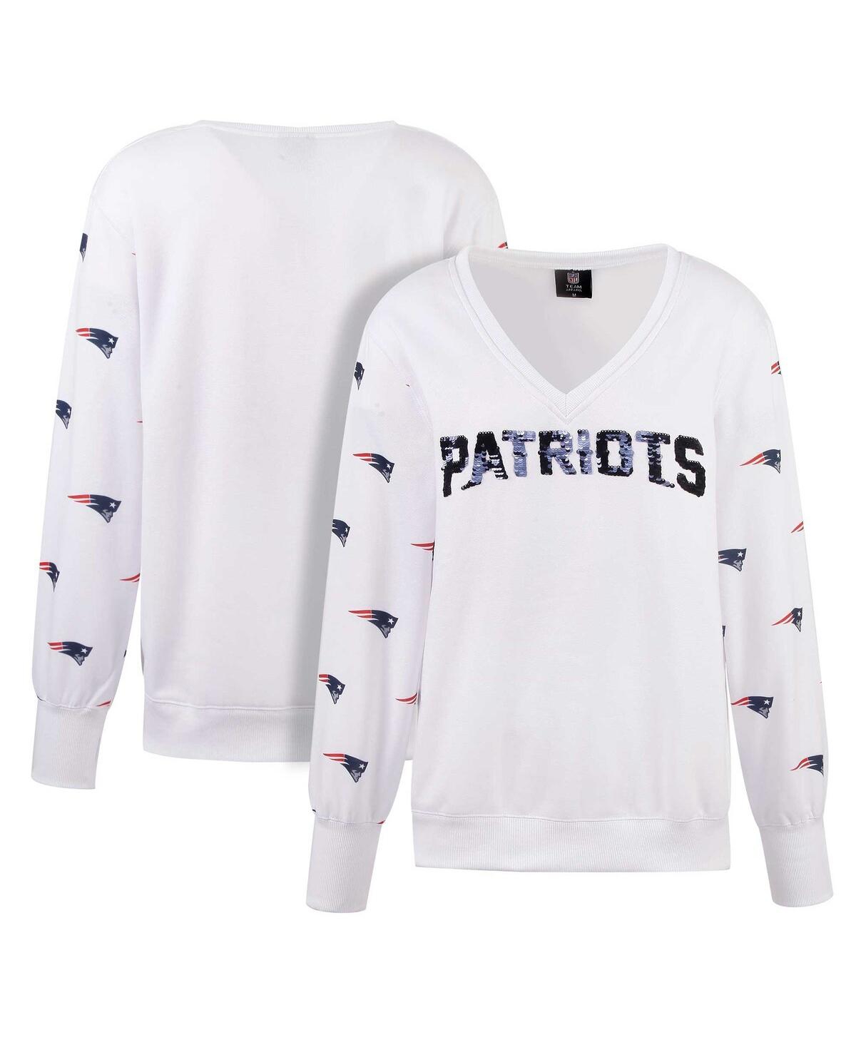 Women's Cuce White New England Patriots Sequin Fleece V-Neck T-shirt - White