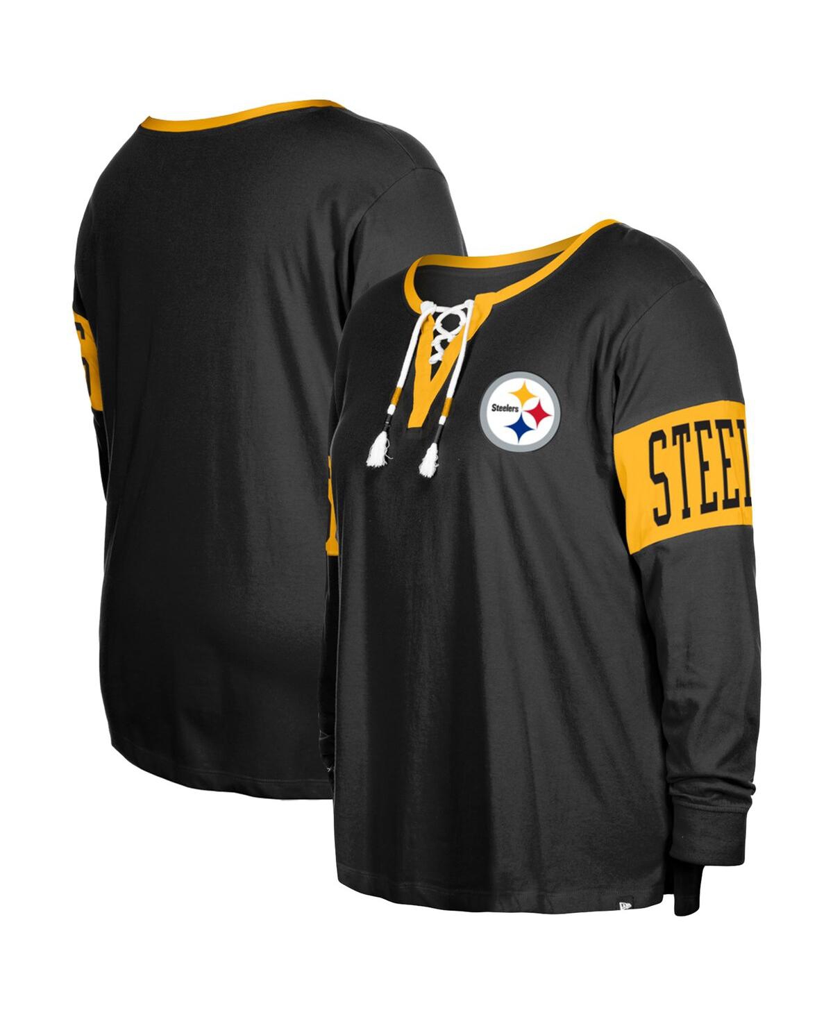Shop New Era Women's  Black Pittsburgh Steelers Plus Size Lace-up Notch Neck Long Sleeve T-shirt
