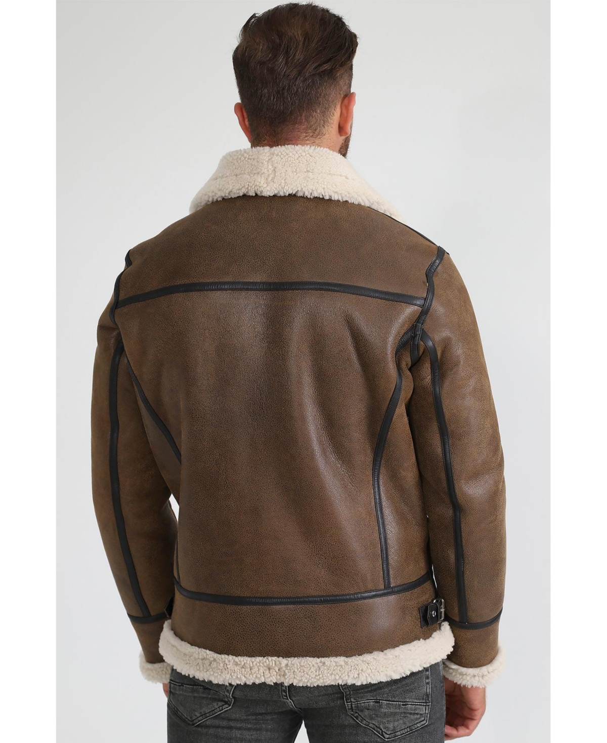 Furniq Uk Men's Shearling Aviator Jacket, Vintage likewith Beige Curly Wool - Camel