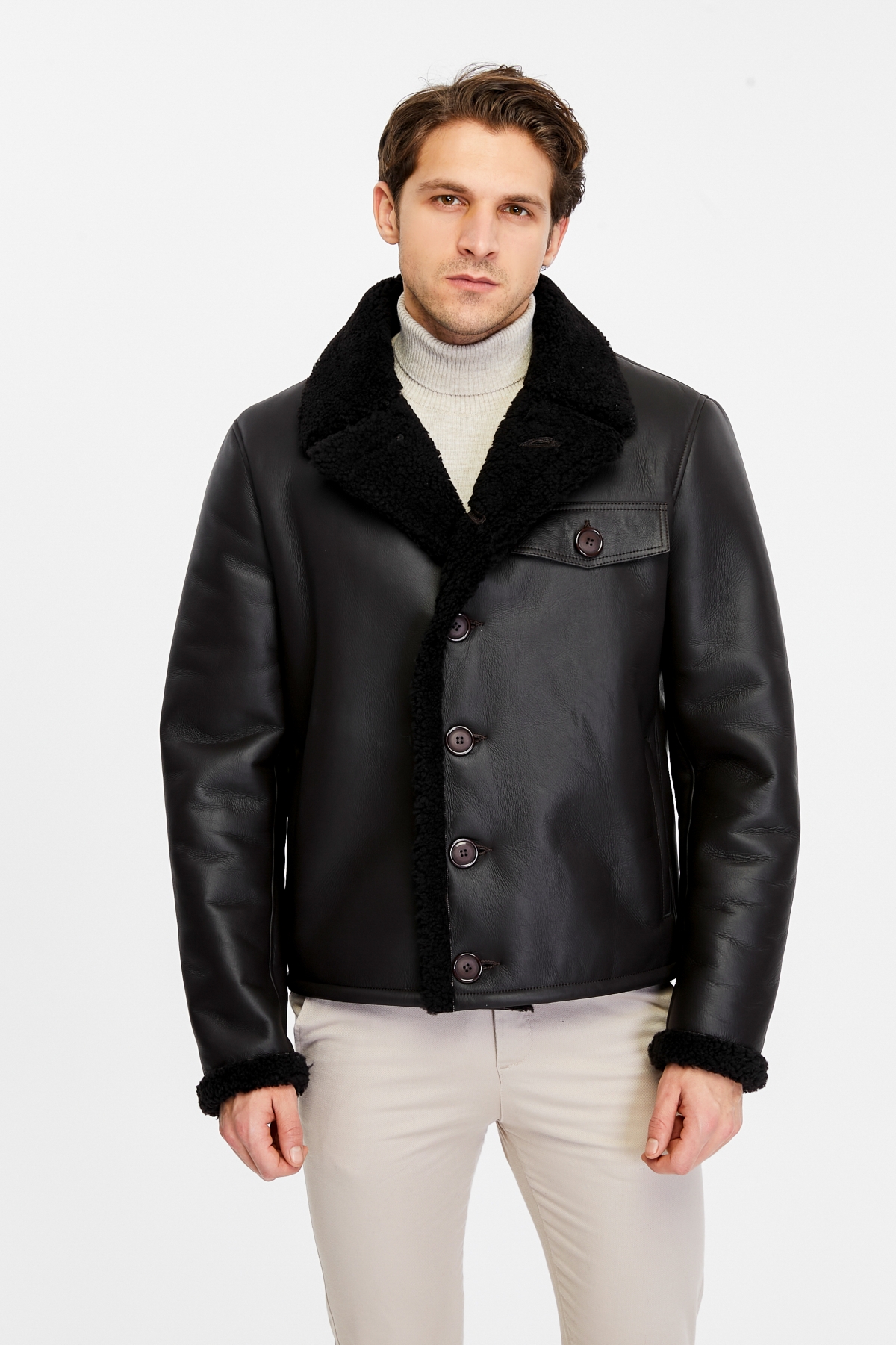 Men's Black Leather Jacket, Wool - Black