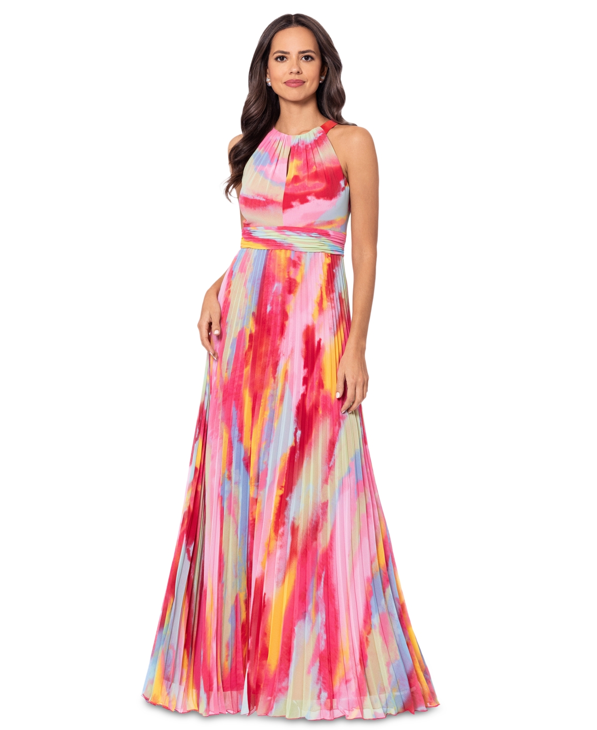 Xscape Petite Printed Pleated Maxi Dress In Fuschia Multi