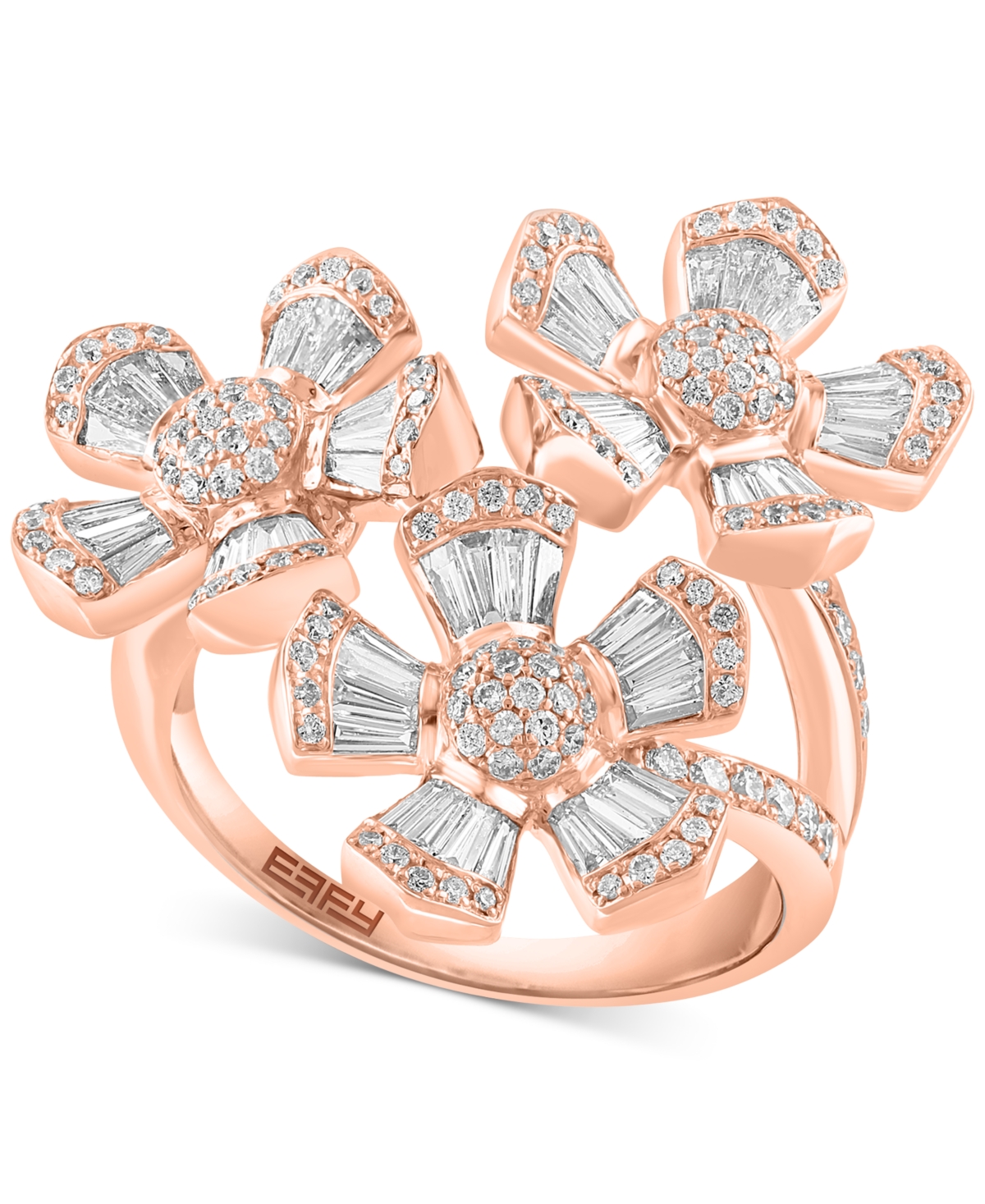 Shop Effy Collection Effy Diamond Round & Baguette Triple Flower Statement Ring (1-3/8 Ct. T.w.) In 14k Rose Gold
