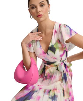 DKNY Abito Donna Con Maniche A Sbuffo, Scollo A V E Gonna In Chiffon Con Volant