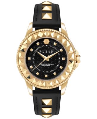 Philipp Plein - Women's Lady Rock Gold-Tone Studded Black Leather Strap Watch 38mm