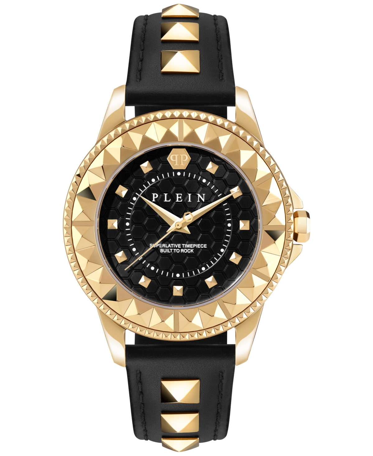 Women's Lady Rock Gold-Tone Studded Black Leather Strap Watch 38mm - Gold