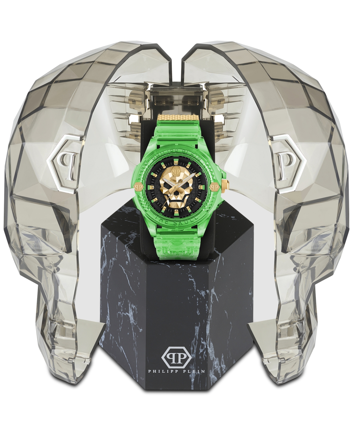 Philipp Plein Unisex The Skull Scuba Duba Green Silicone Strap Watch 44mm In Green