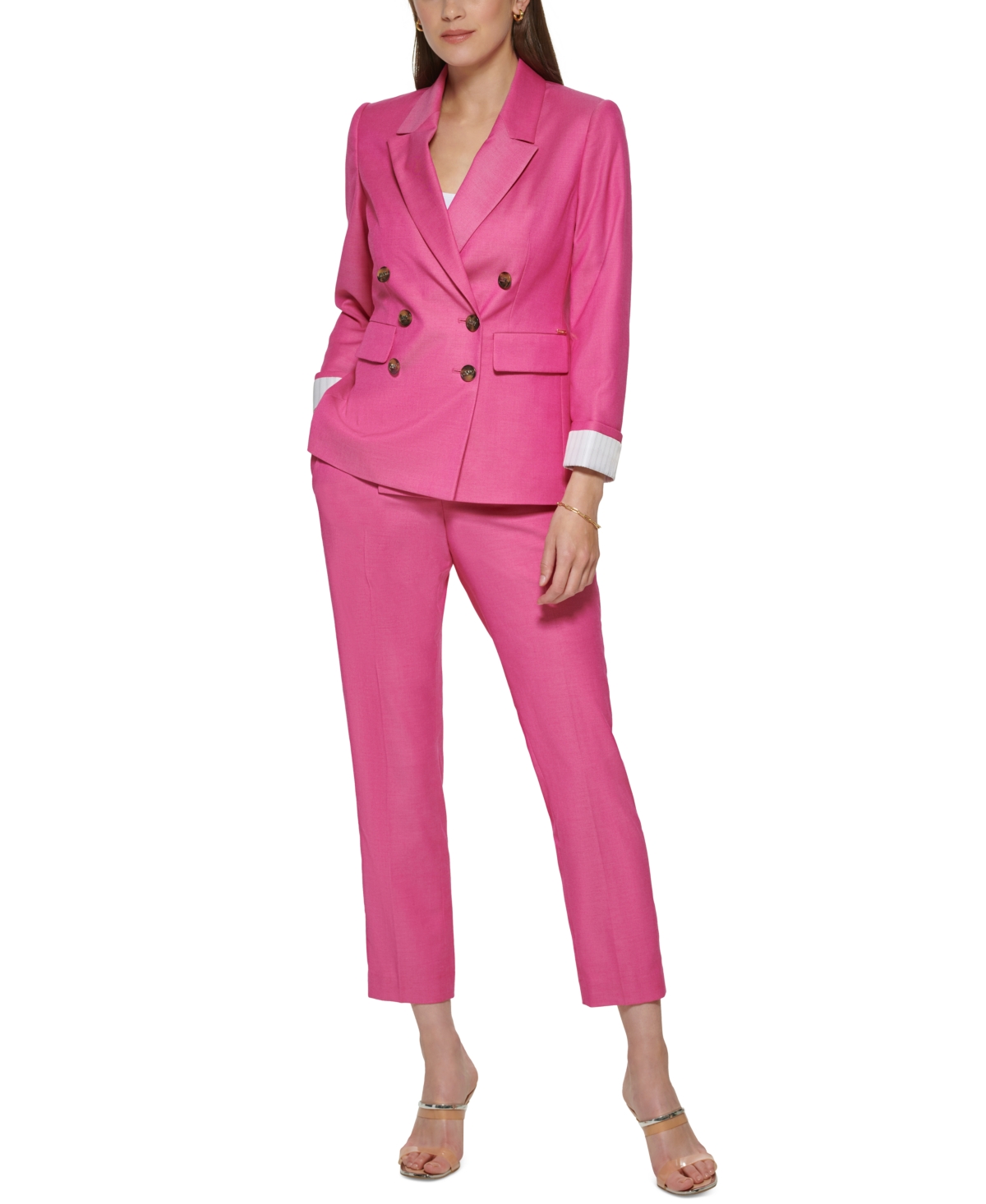 Dkny Petite Double-breasted Striped-cuff Blazer In Hibiscus