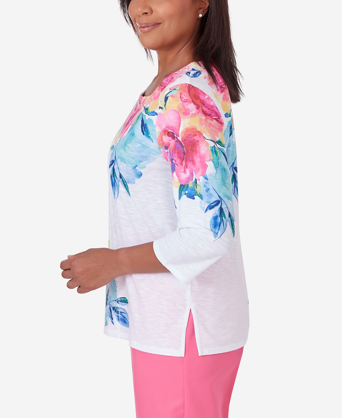 Alfred Dunner Petite Paradise Island Long Sleeve Flower Lace Top