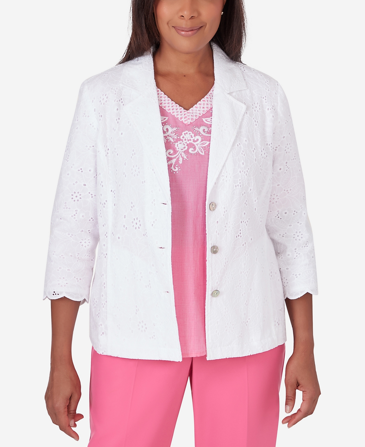 ALFRED DUNNER PETITE PARADISE ISLAND BUTTON FRONT EYELET BLAZER