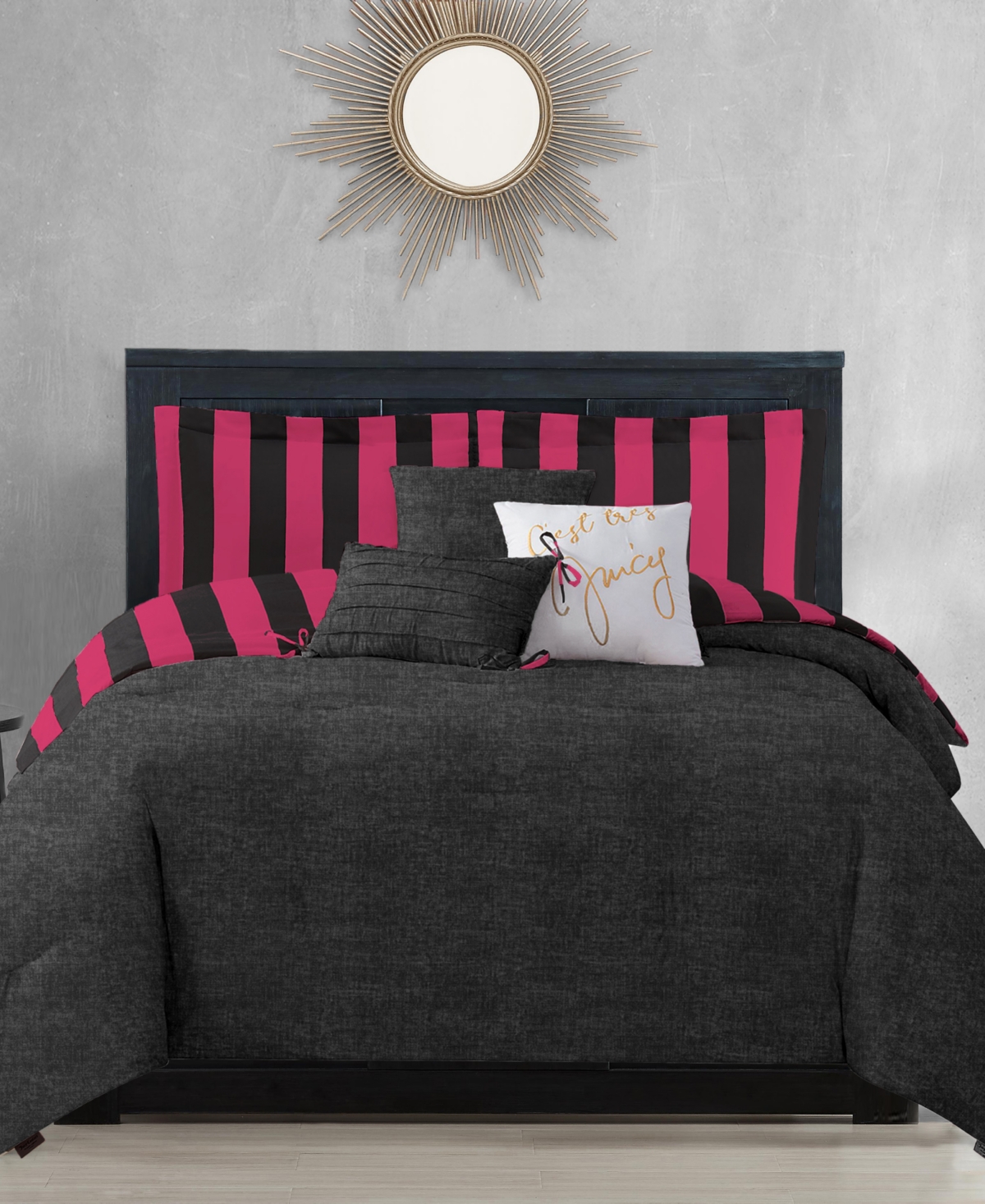 Shop Juicy Couture Cabana Stripe Reversible 6-pc. Comforter Set, Full/queen In Black,hot Pink
