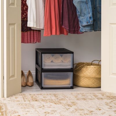 30 Qt. Stackable Storage Drawer, 2 Pack, Plastic Drawer Organizer with Clear Doors for Pantry, Bedroom, Closet, Kitchen, Under-Sink, Home and Office De-Clutter, Shoes and Crafts - Black