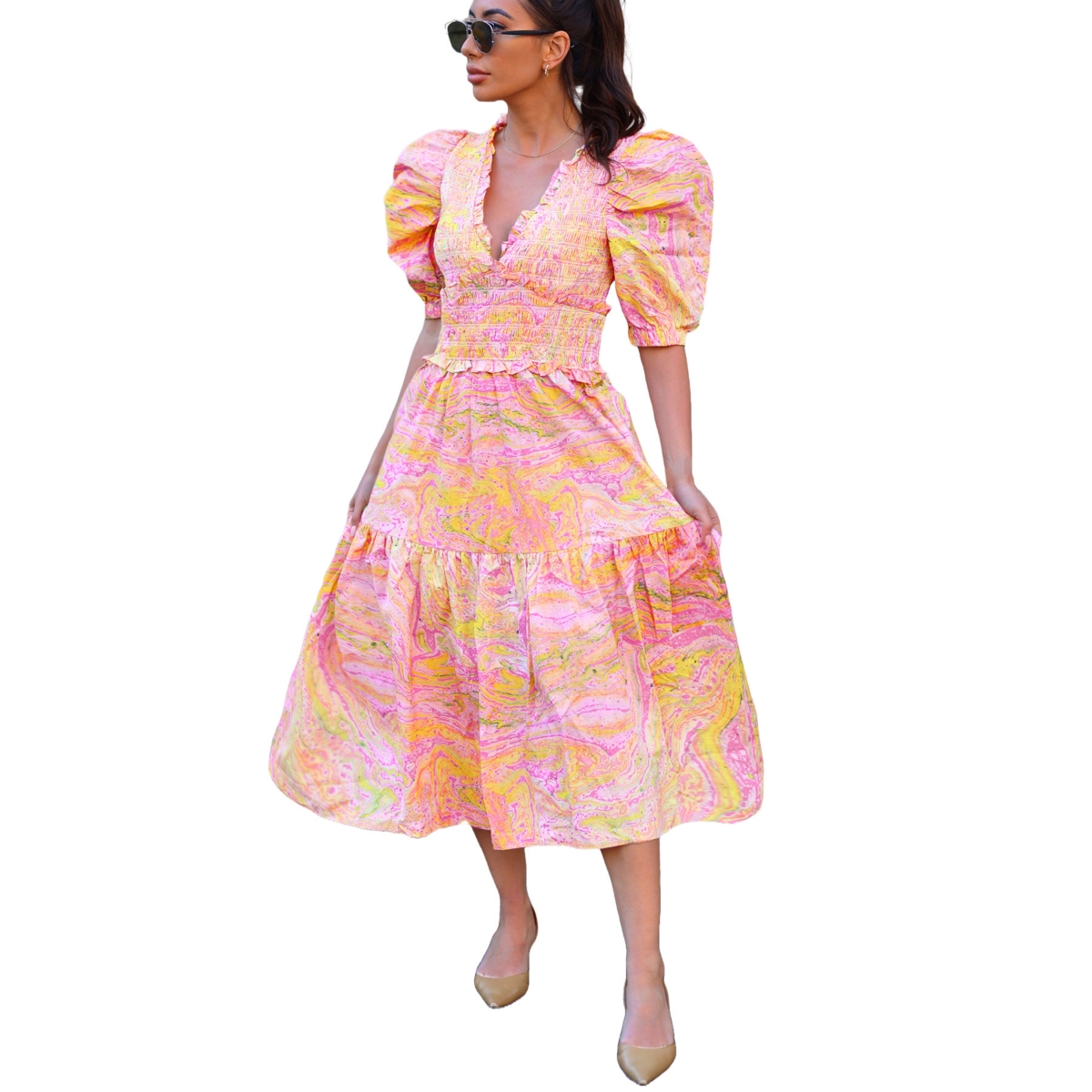 Jessie Zhao New York Astrid Marble Smocked Midi Dress - Pink and yellow