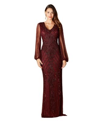 Women's Long Flutter Sleeves Beaded Dress