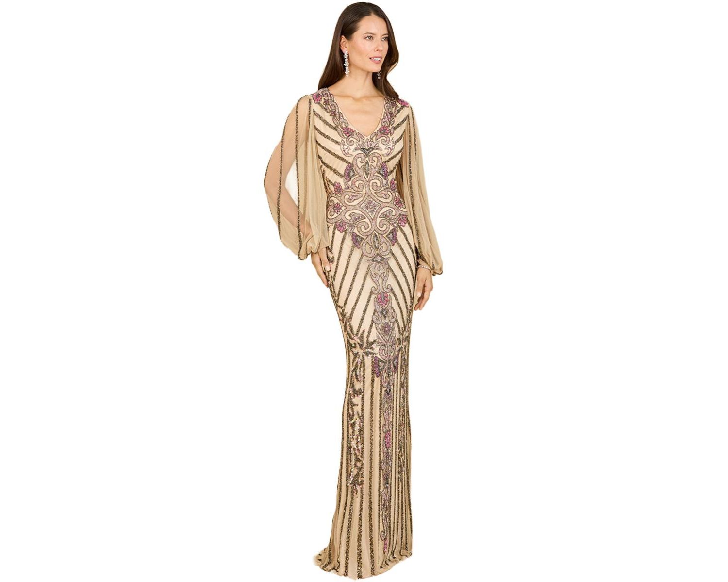 Women's Long Flutter Sleeves Beaded Dress