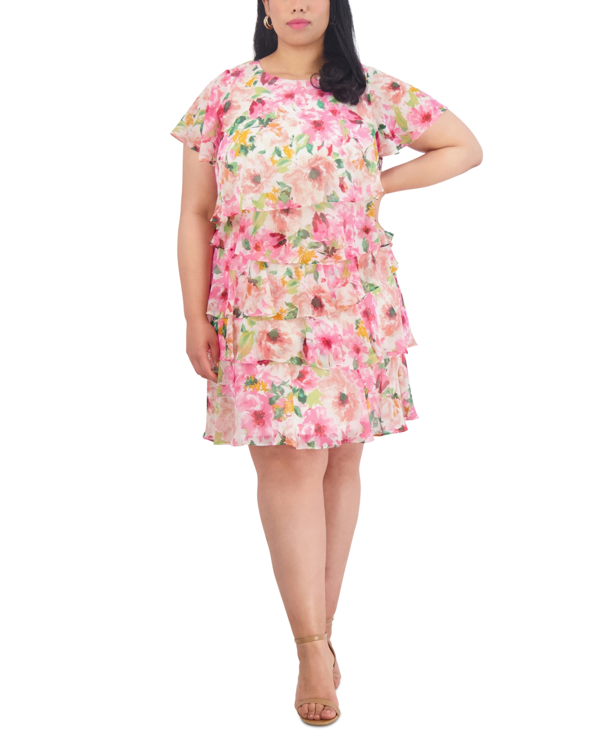 Jessica Howard Plus Size Floral-print Tiered Dress In Pink Multi
