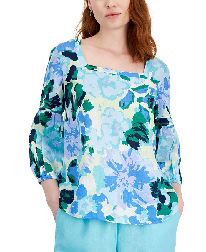 Charter Club Women's 100 Linen Printed SquareNeck Top, Created for Macy's Macy's