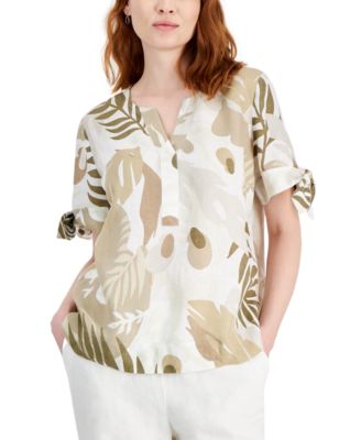 Charter Club - Women's Linen Palm-Print Split-Neck Top