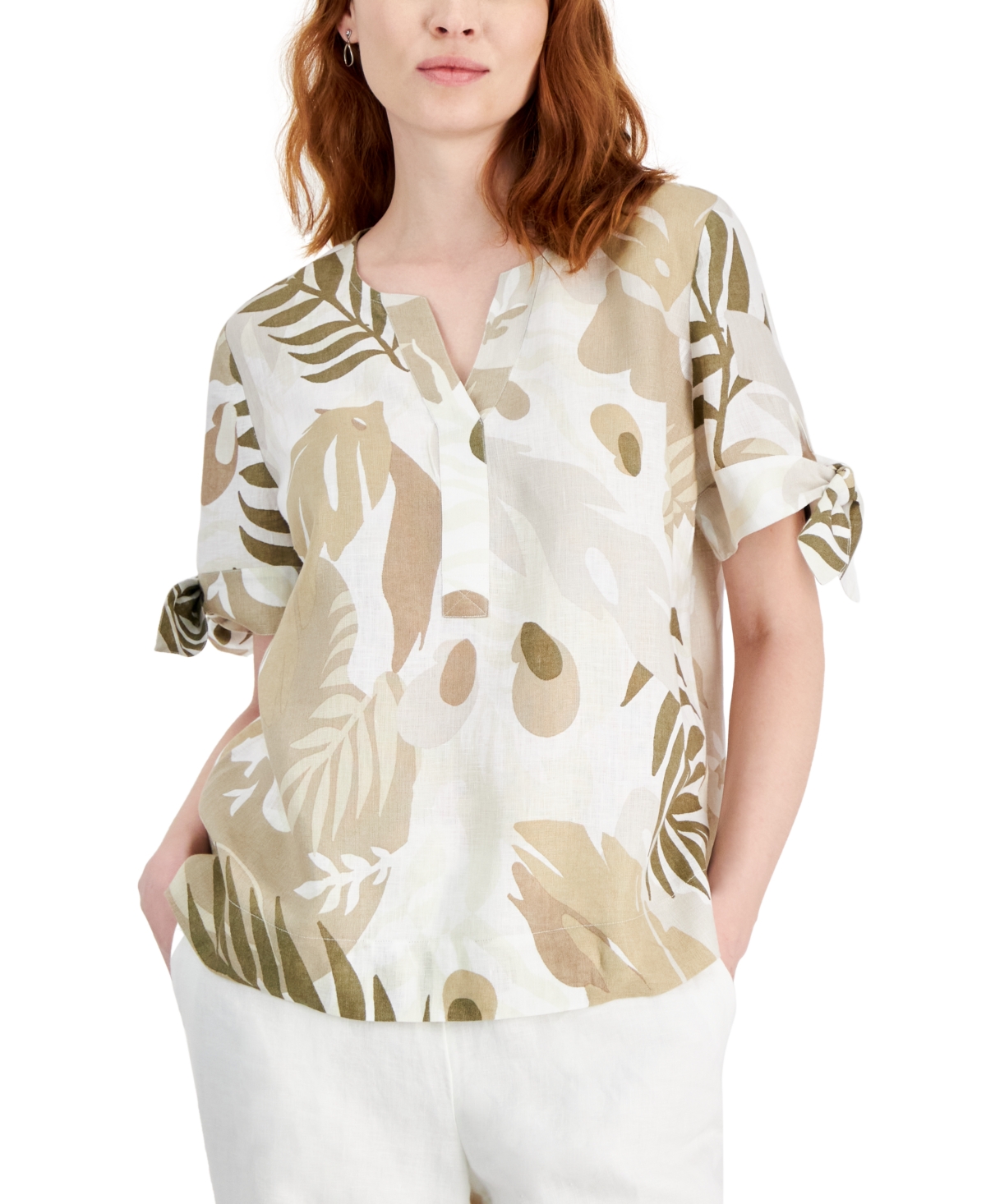 Women's 100% Linen Palm-Print Split-Neck Top, Created for Macy's - Meadow Trail Combo