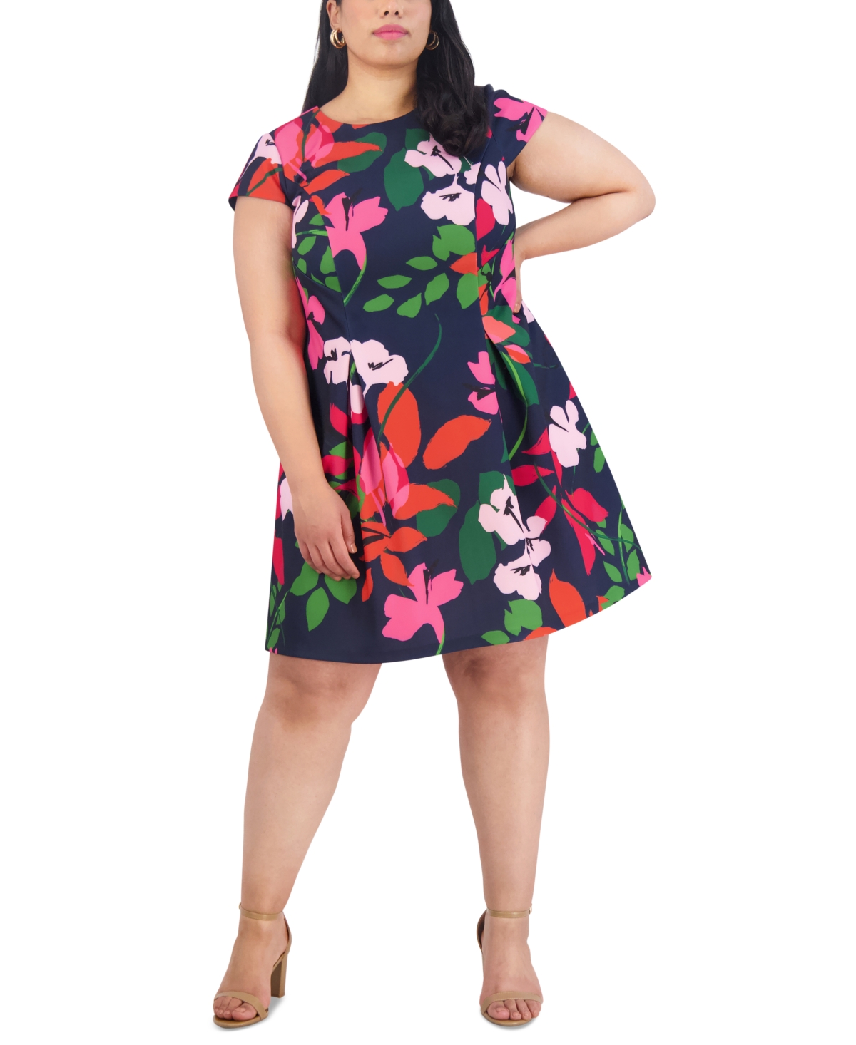 Shop Jessica Howard Plus Size Floral-print Cap-sleeve Dress In Navy Multi