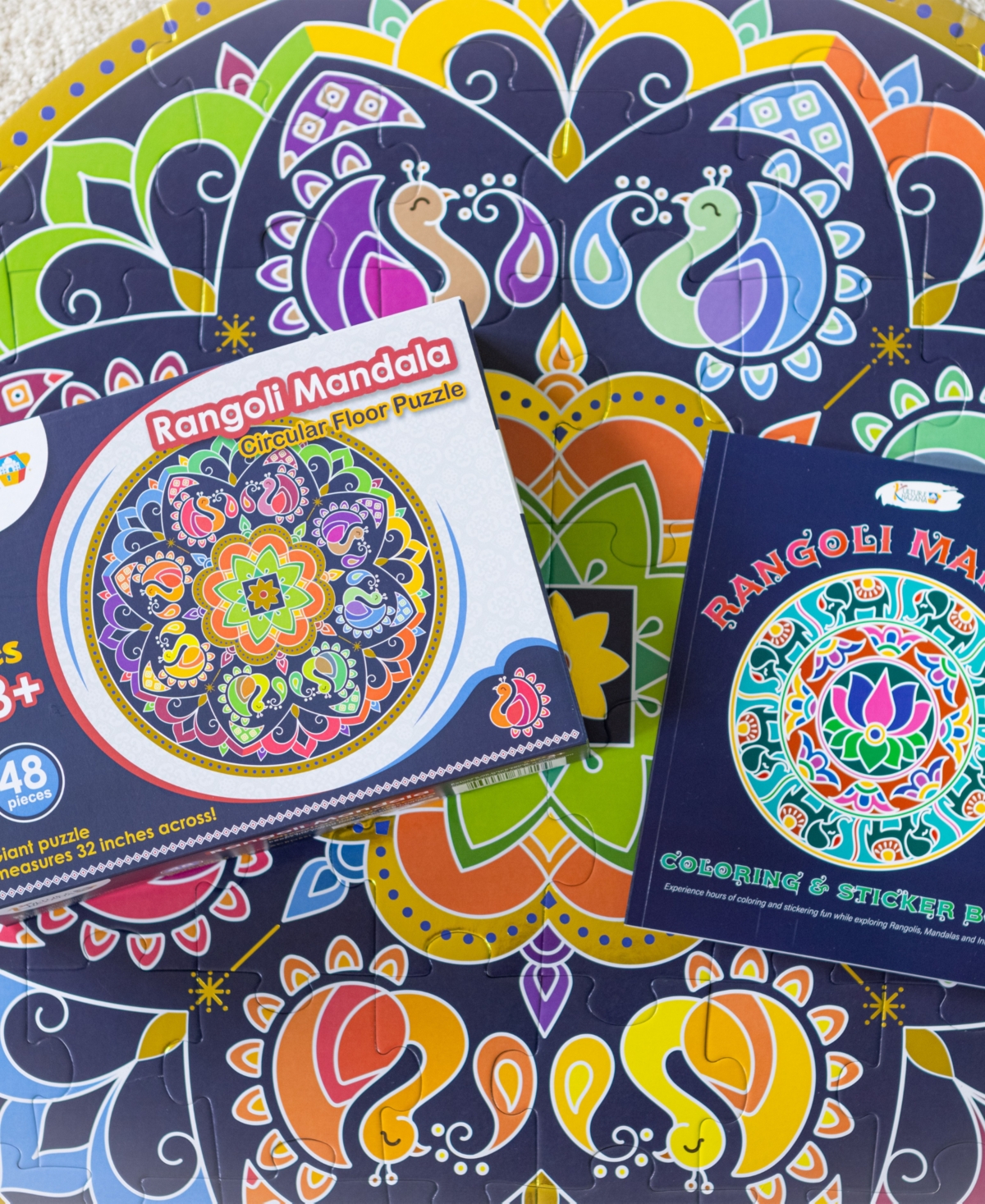 Shop Kulture Khazana Rangoli Mandala Bundle, Floor Puzzle, 48 Pieces And Coloring And Sticker Book In Mutli