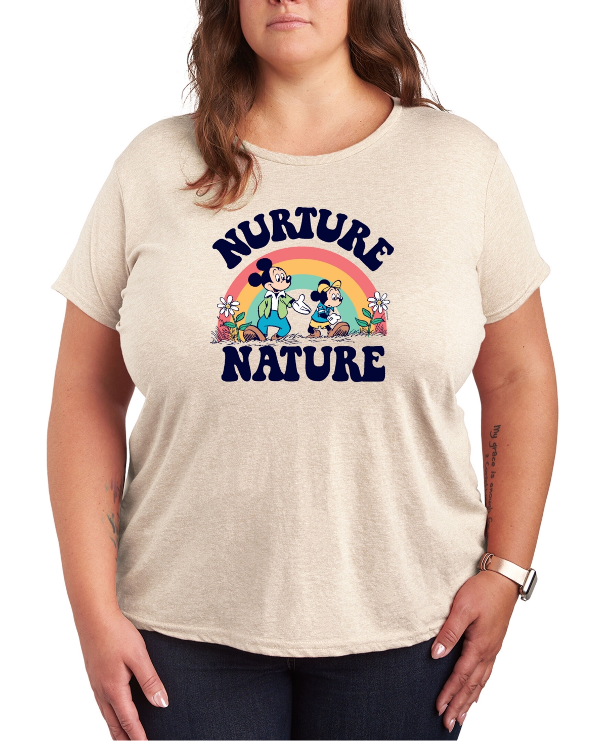 Shop Air Waves Trendy Plus Size Disney Mickey & Minnie Nurture Nature Graphic T-shirt In Beige,khaki