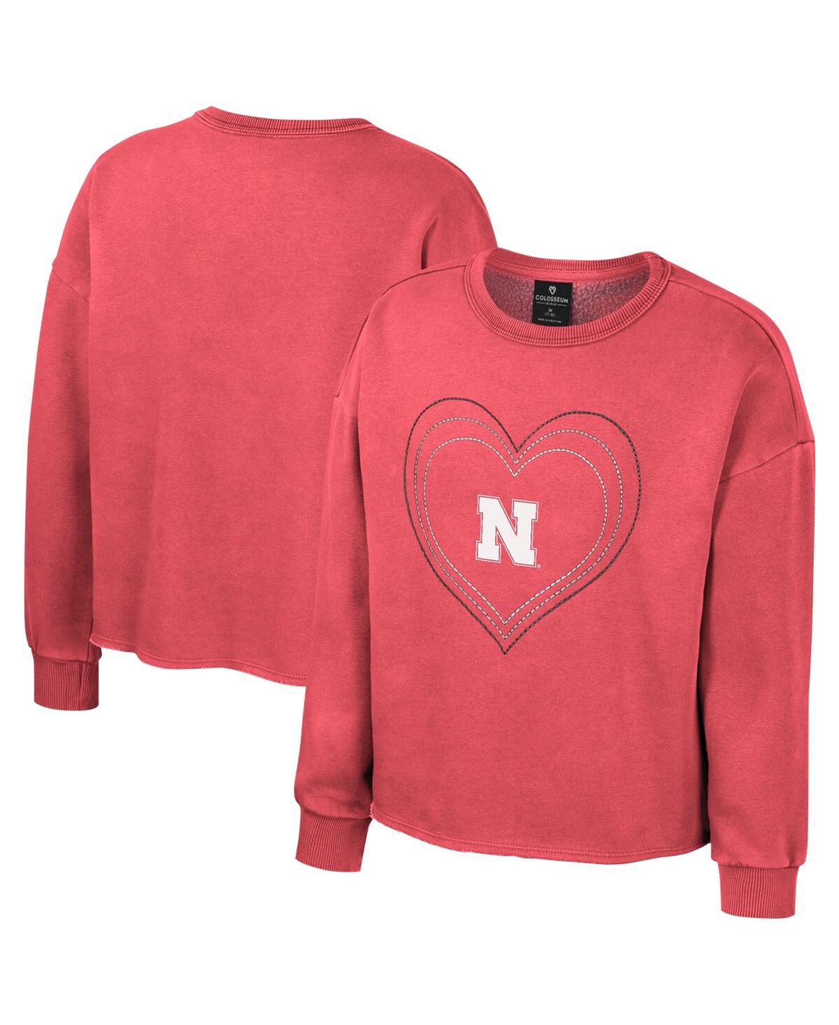 Colosseum Girls Youth  Scarlet Nebraska Huskers Audrey Washed Fleece Pullover Crewneck Sweatshirt In Scarlet