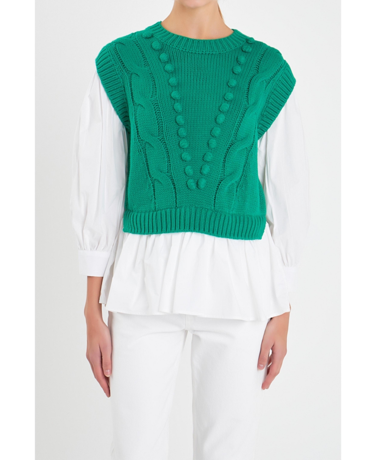 Women's Mixed Media Cable Sweater -white