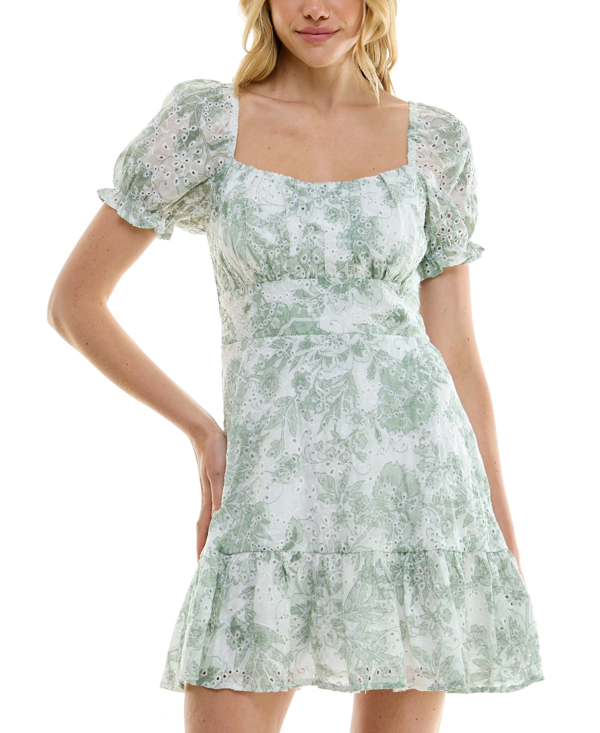 Speechless Juniors' Floral-print Eyelet Dress In Ivory,gree