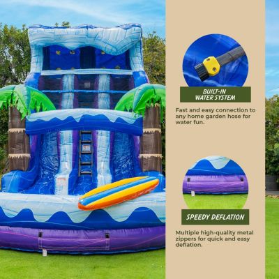 17  Surf Beach Tall Inflatable Water Slide with Splash Pool and Dual Lane, Tall Seating Height, Commercial Grade, Outdoor Backyard, Summer Fun, Wet Dry, Blow Up, Water Park, (with Blower)