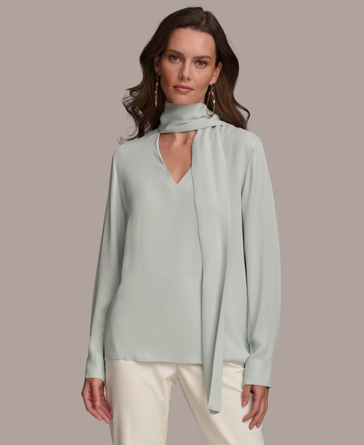 Shop Donna Karan Women's Long Sleeve Tie-neck Blouse In Blue Frost