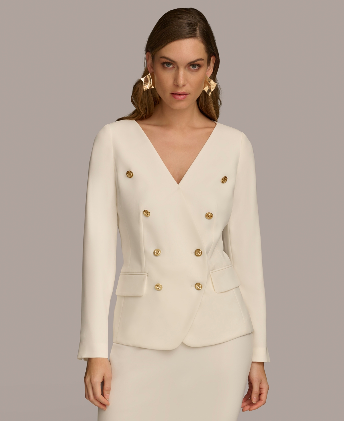 Shop Donna Karan Women's Collarless Double-breasted Jacket In Cream
