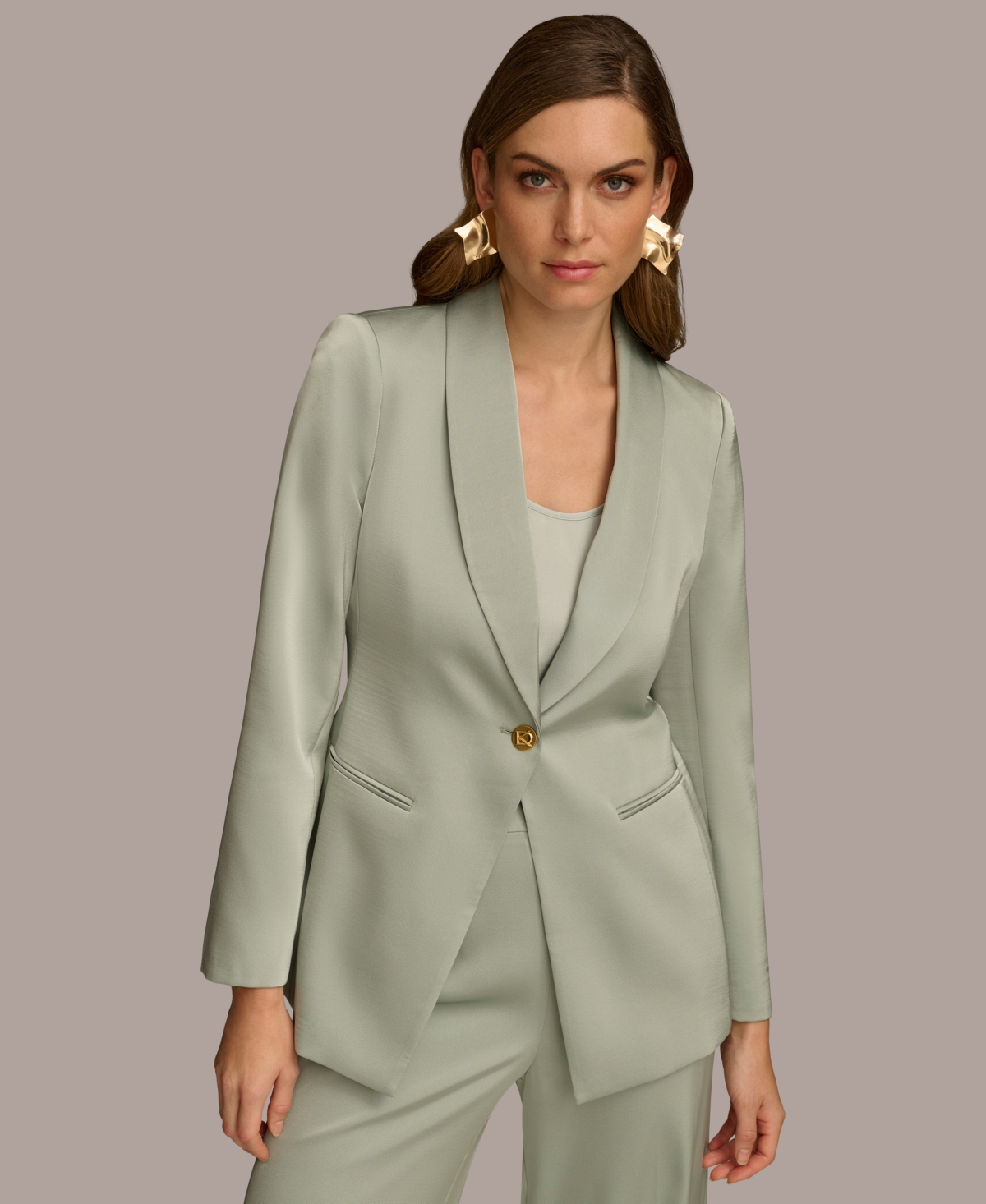 Women's One-Button Satin Jacket - Pale Jade