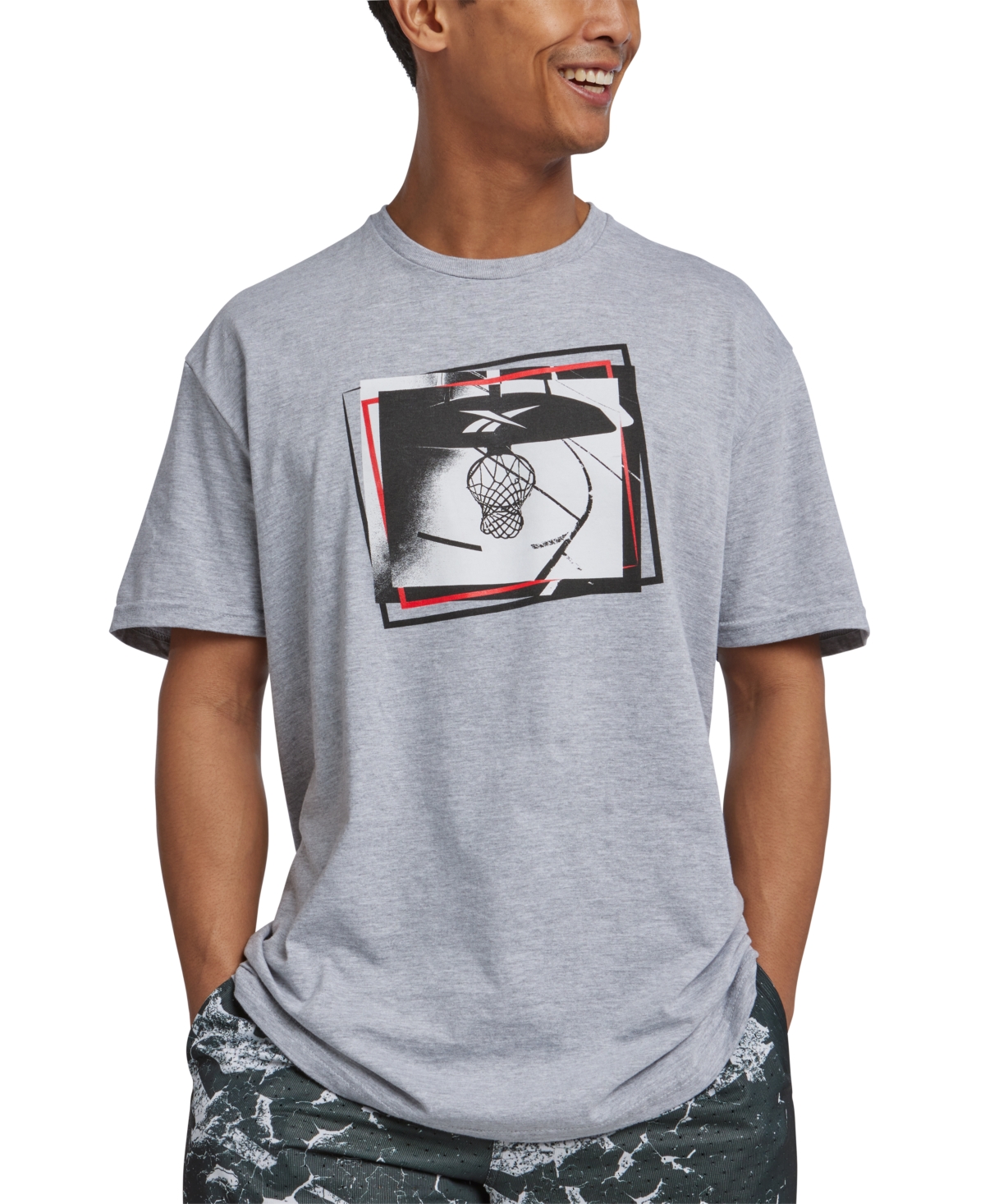 Reebok Men's B-ball Hoop Graphic T-shirt In Grey Heather,black,red