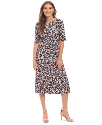 London Times - Women's Printed Elbow-Sleeve Midi Dress