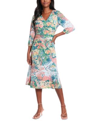 London Times - Women's Bishop-Sleeve Shirred Midi Dress