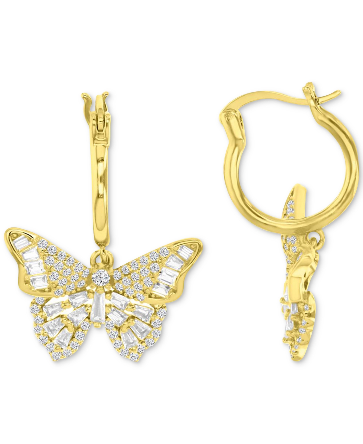 Shop Macy's Cubic Zirconia Round & Baguette Butterfly Dangle Hoop Earrings In 14k Gold-plated Sterling Silver