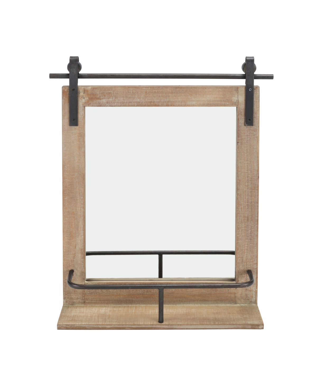 Rustic Industrial Wood-Framed Wall Mount Barn Door Vanity Mirror with Shelf and Iron Hardware - Natural