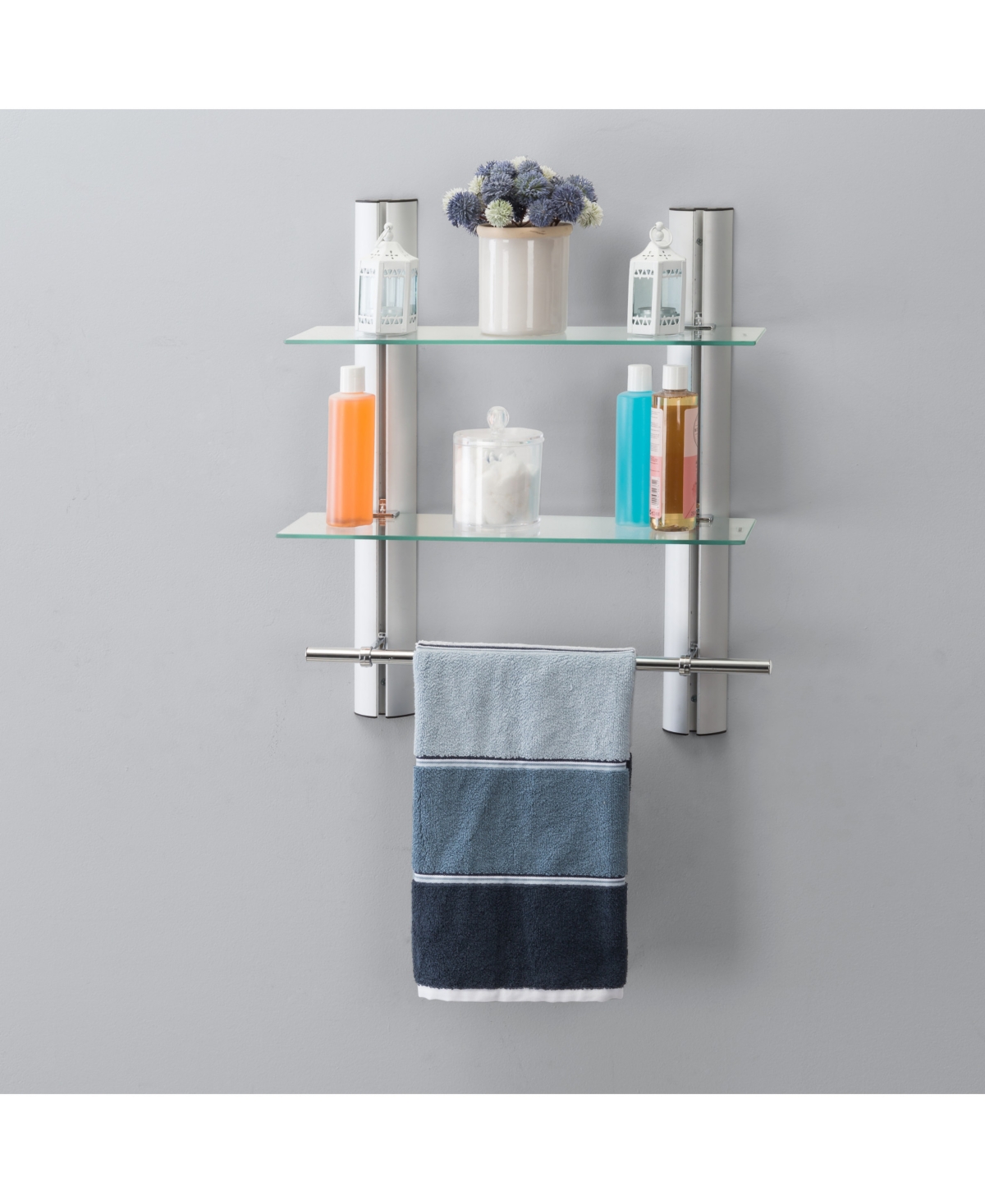 Danya B 2 Tier Adjustable Glass Shelf With Aluminum Frame And Towel Bar In Silver,clear