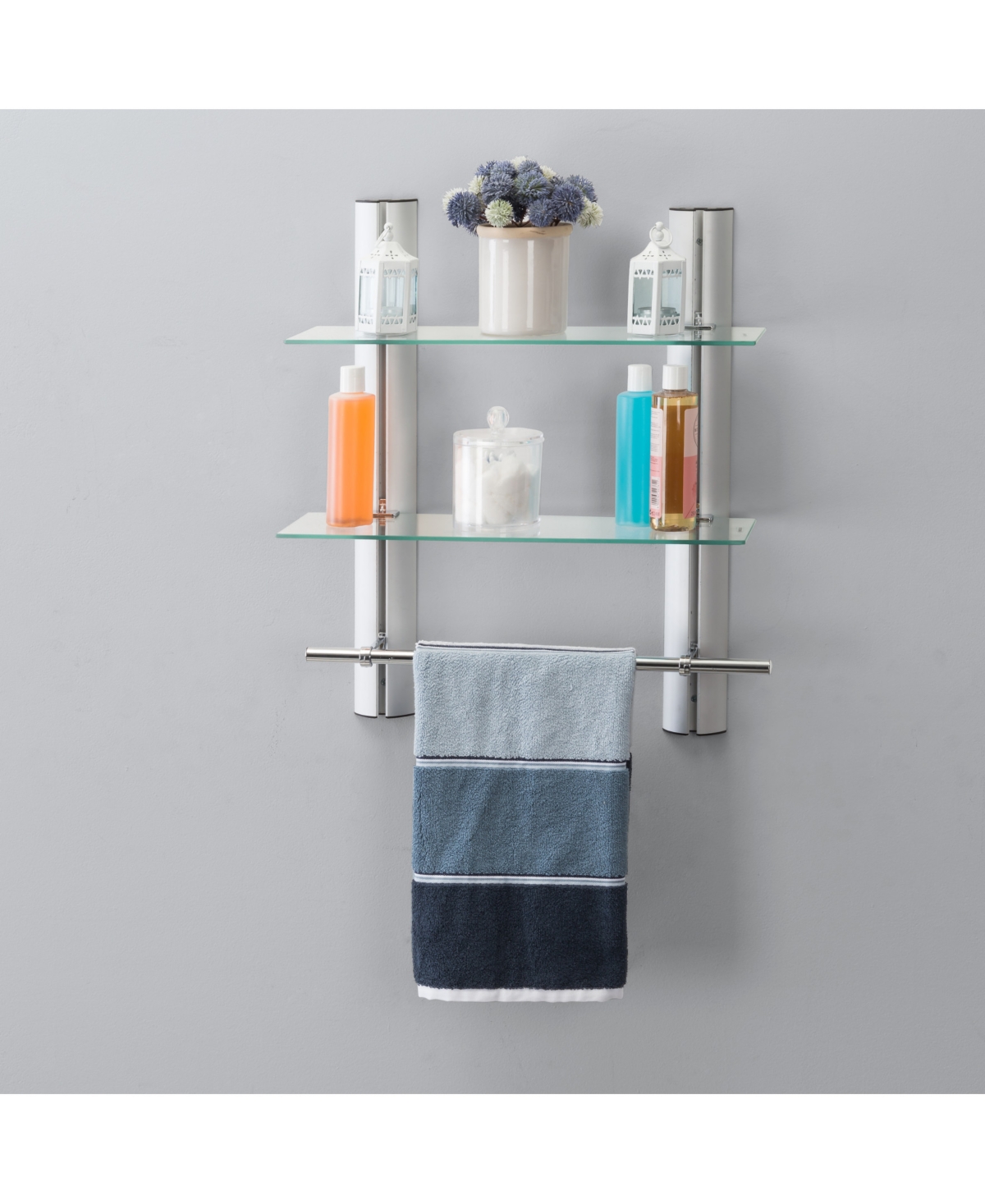 Shop Danya B 2 Tier Adjustable Glass Shelf With Aluminum Frame And Towel Bar In Silver,clear