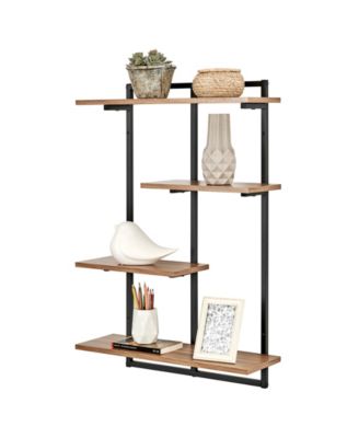 Rhodes 4 Tier Modern Floating Windowsill Wall Shelf Unit with Black Metal Frame and Light Walnut MDF Shelves