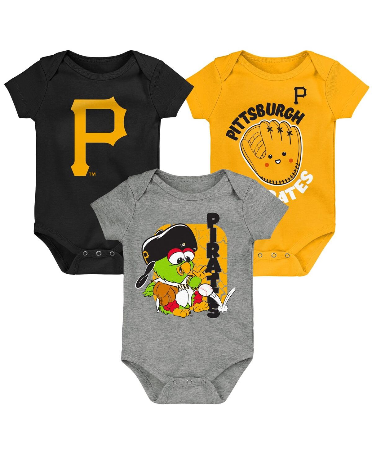 OUTERSTUFF BABY BOYS AND GIRLS BLACK, GOLD, GRAY PITTSBURGH PIRATES CHANGE UP 3-PACK BODYSUIT SET