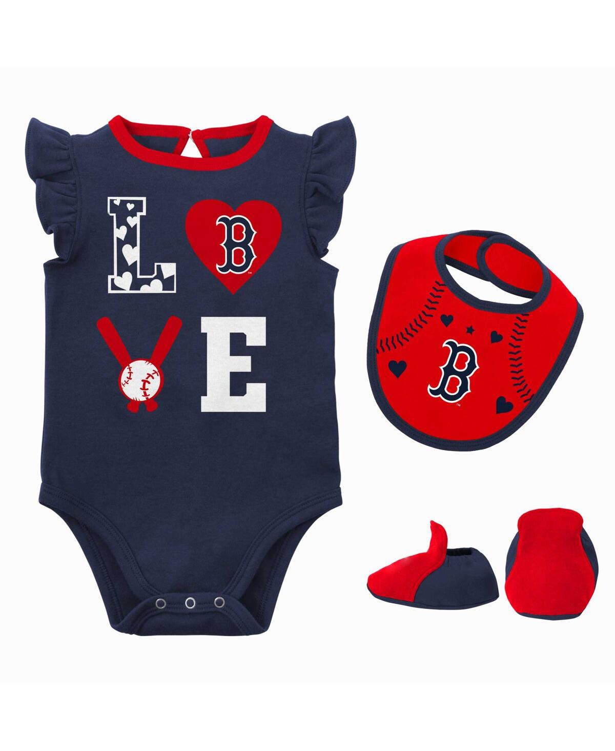Shop Outerstuff Baby Boys And Girls Navy, Red Boston Red Sox Three-piece Love Of Baseball Bib, Bodysuit And Booties  In Navy,red