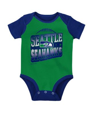 Baby Boys and Girls Green, Royal Seattle Seahawks Throwback Big Score Bodysuit, Bib and Bootie Set