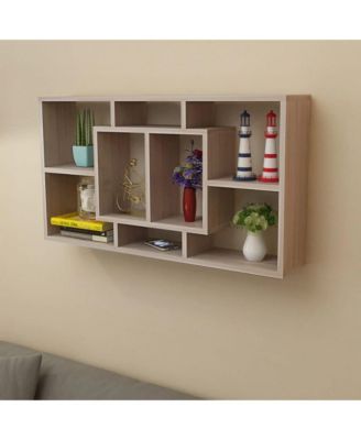 Floating Wall Display Shelf 8 Compartments Oak Color