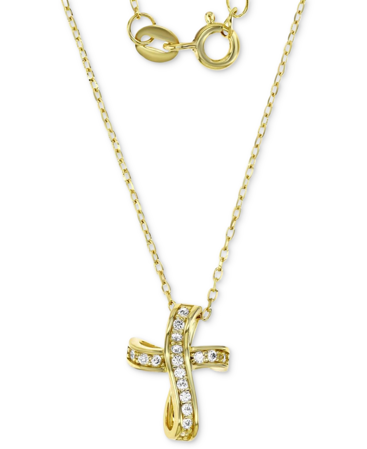 Shop Macy's Children's Cubic Zirconia Curved Cross Pendant Necklace In 14k Gold-plated Sterling Silver, 13 + 2" 