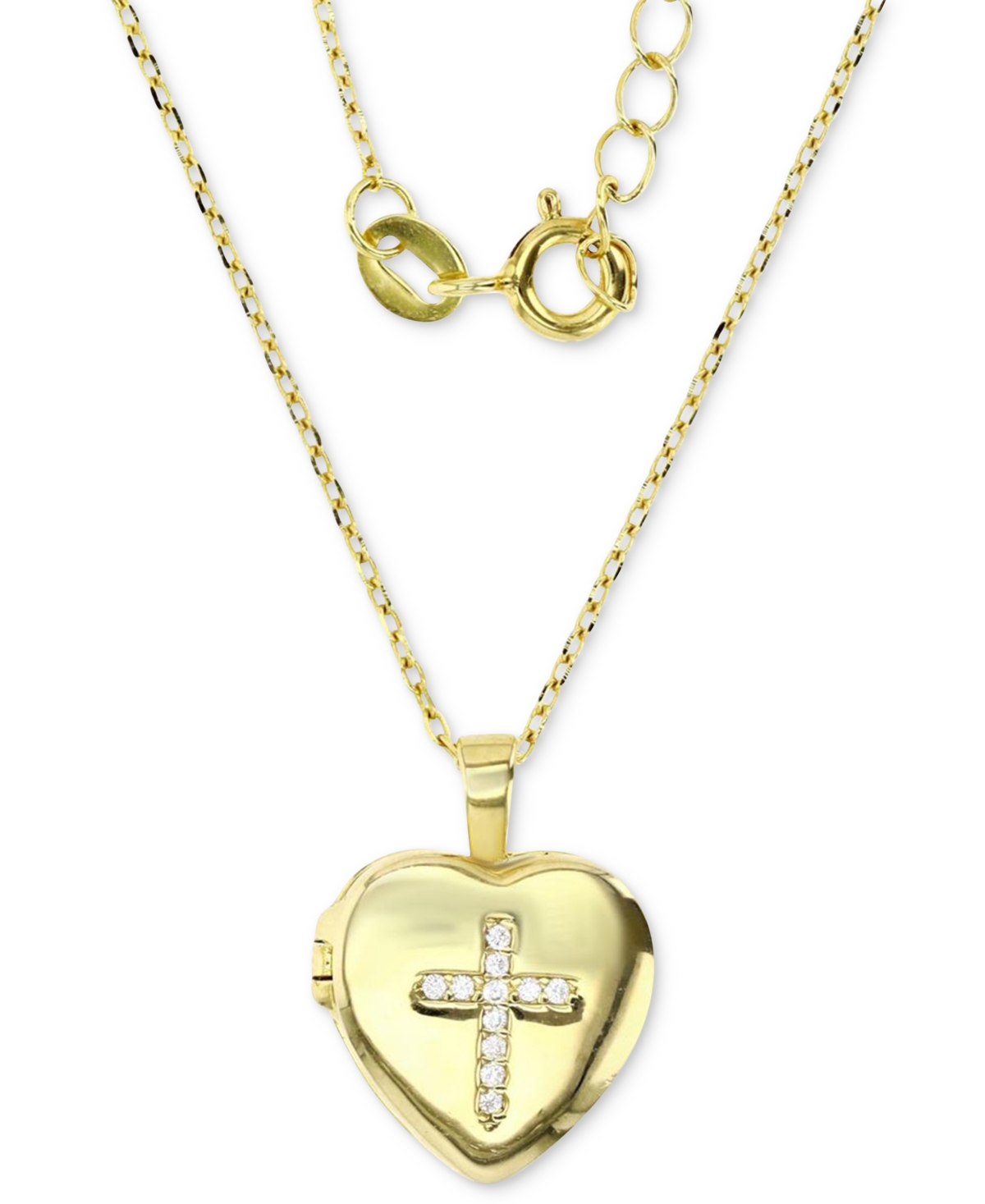 Macy's Kids' Children's Cubic Zirconia Cross Locket Pendant Necklace In 14k Gold-plated Sterling Silver, 13" + 2"