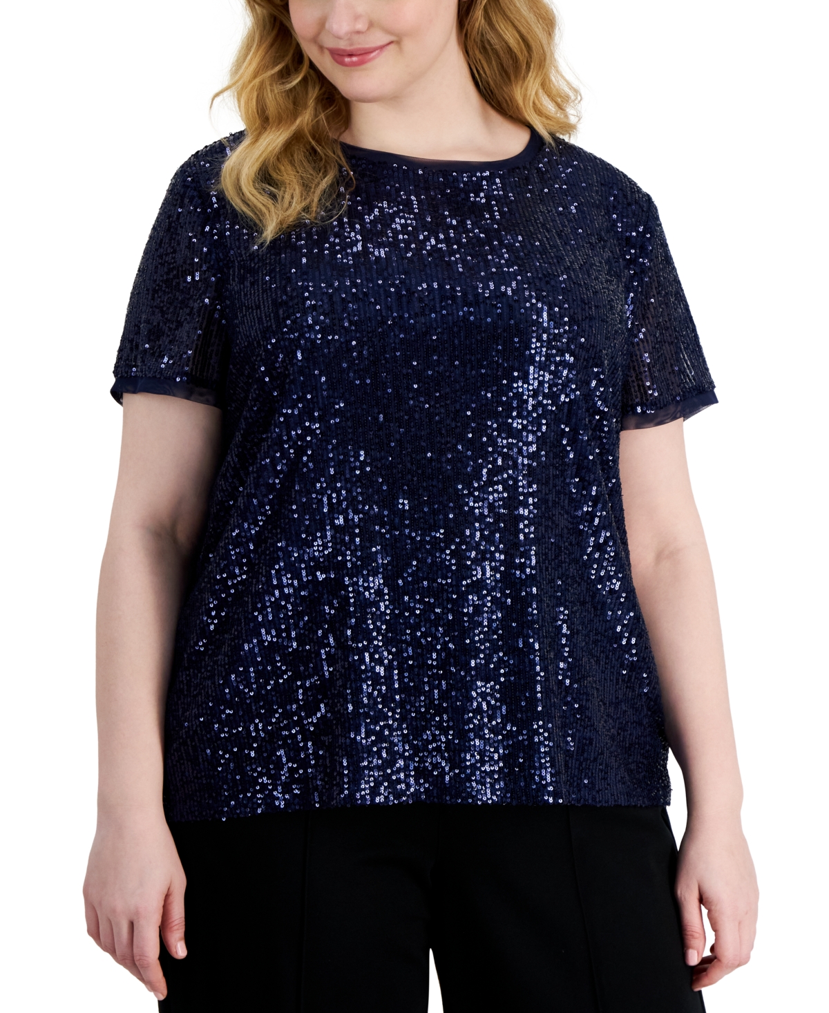 Shop Anne Klein Plus Size Sequin-embellished Short-sleeve Top In Distant Mountain