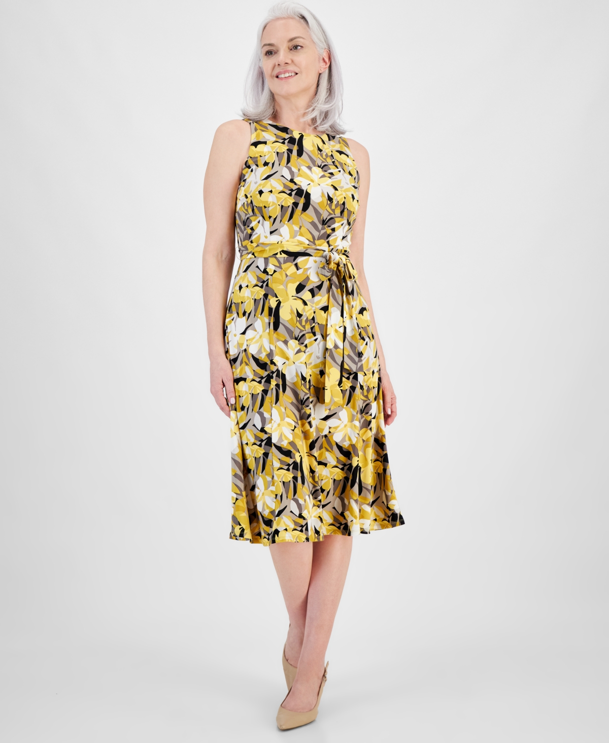 Shop Kasper Women's Floral-print Fit & Flare Dress In Summer Straw,butterscotch